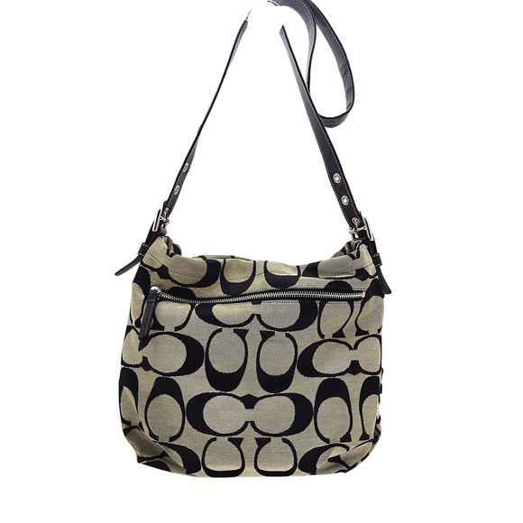 Coach C Monogram Signature Duffle Black Beige Canvas Leather Trim Shoulder Purse - Picture 3 of 13